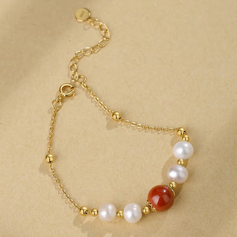 925 Sterling Silver Pearl Cinnabar Healing Bead Chain Bracelet