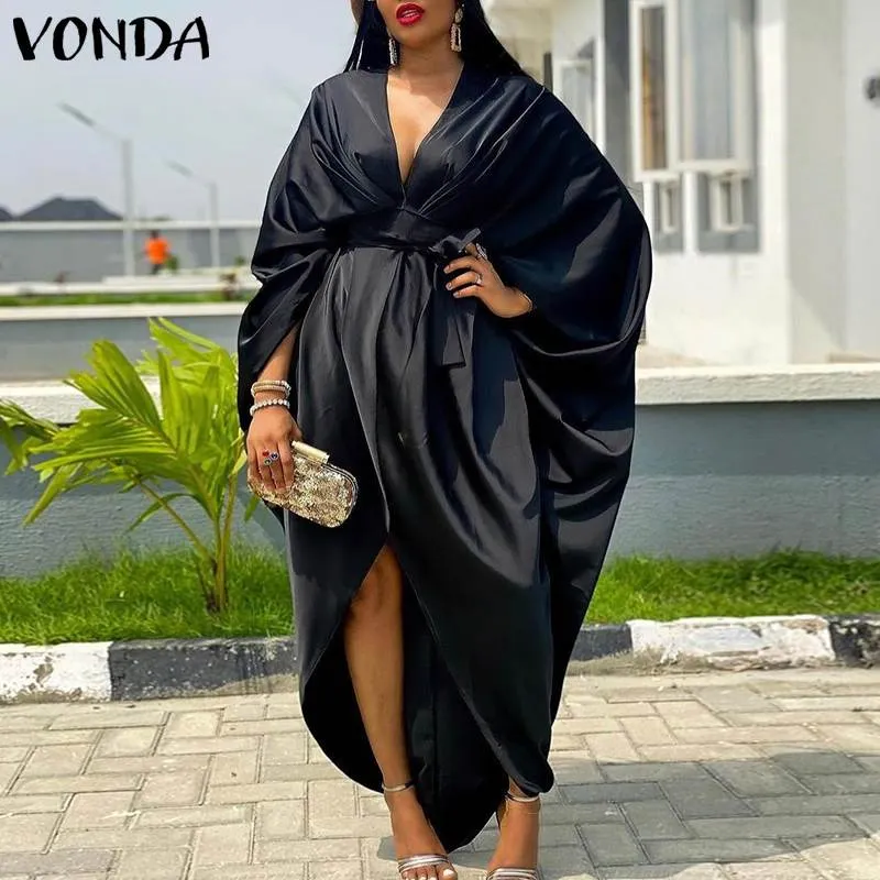 Summer Deep V Neck Party Dress VONDA Women Sexy  Irregular Hem Solid Party Dresses 2022 Bohemian Casual Vestidos Kaftan Robe