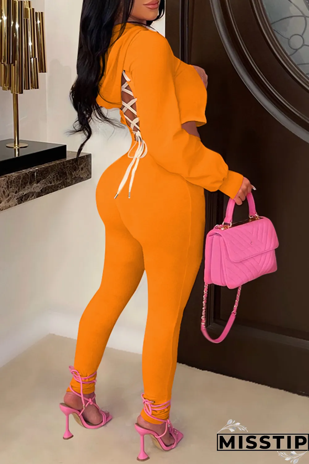 Orange Casual Solid Draw String O Neck Long Sleeve Two Pieces