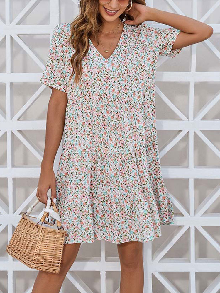 Summer Floral Loose V Neck Party A-Line Print Ruffle Mini Dress