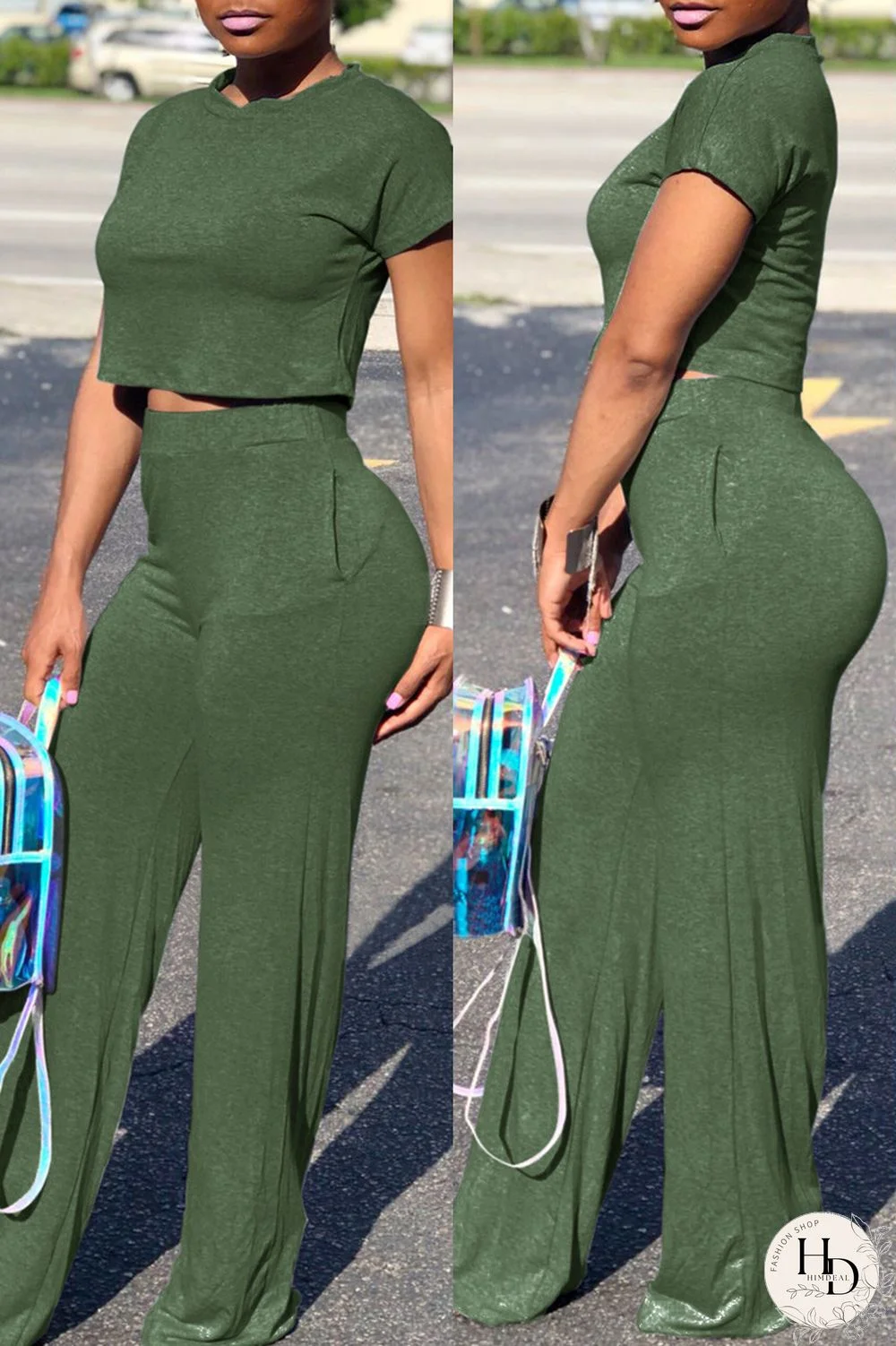 Green Fashion Casual Solid Basic O Neck Short Sleeve Two Pieces