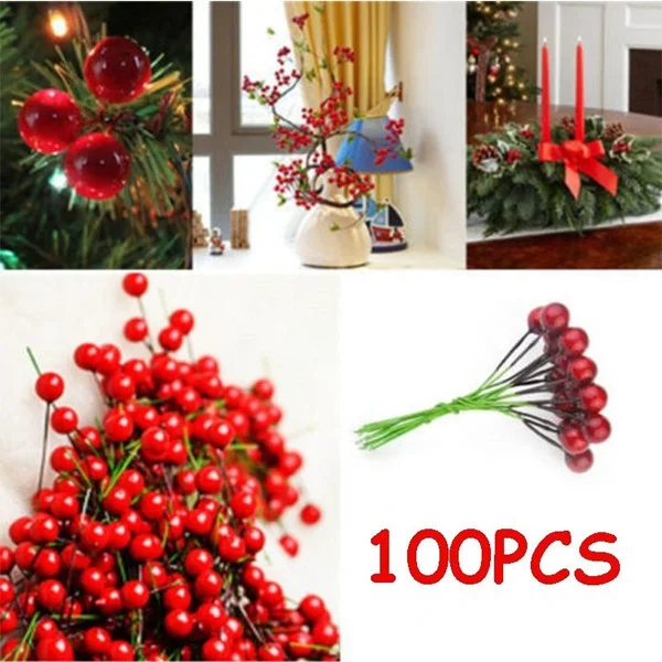 100Pcs Artificial Fake Red Holly Berry DIY Craft Accessories Christmas Decor on Wire Bundle Garland Wreath