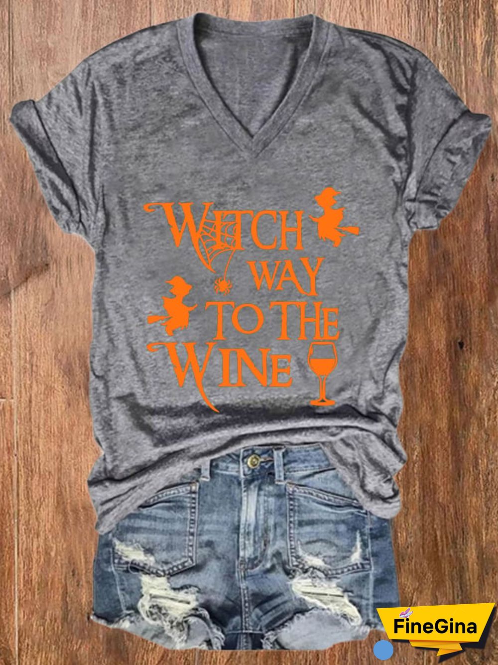 Women's Halloween Witch Way To The Wine Print V-Neck T-Shirt
