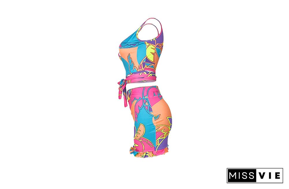 Women Streetwear Fashion Summer Print Bandage Crop Top Mini Skirt Party Clubwear Two Piece Set