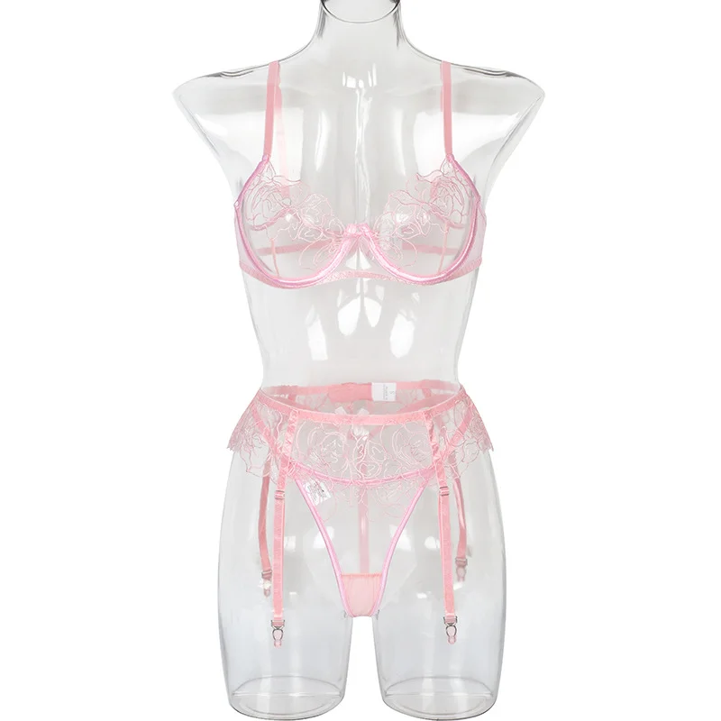 Billionm Pink Lingerie Set Women Blue Floral Embroidery Lengerie Nightwear Lace See Through Underwear Push Up Bra Panty Fancy Erotic Sets