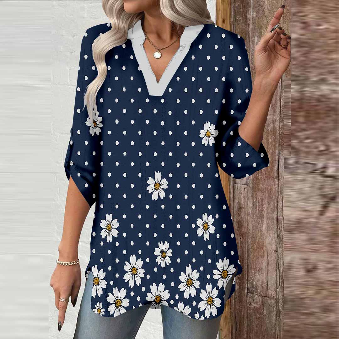 Women Polka-Dot,Floral,Blue DZGA0319 3/4 Sleeve V-neck Printed Graphic Button Tops