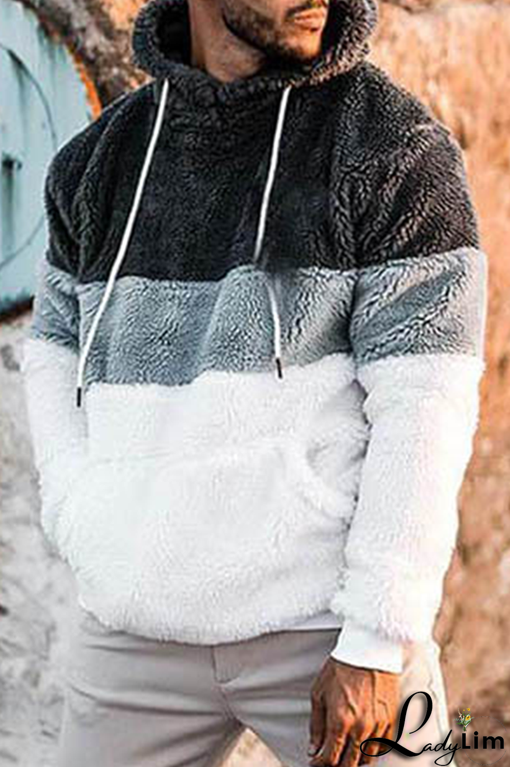 Blue Casual Patchwork Draw String Pocket Contrast Hooded Collar Tops