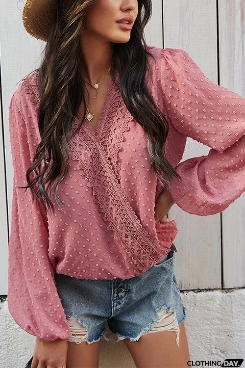 Dot Lace Trim Wrap Long Puff Sleeve Blouse