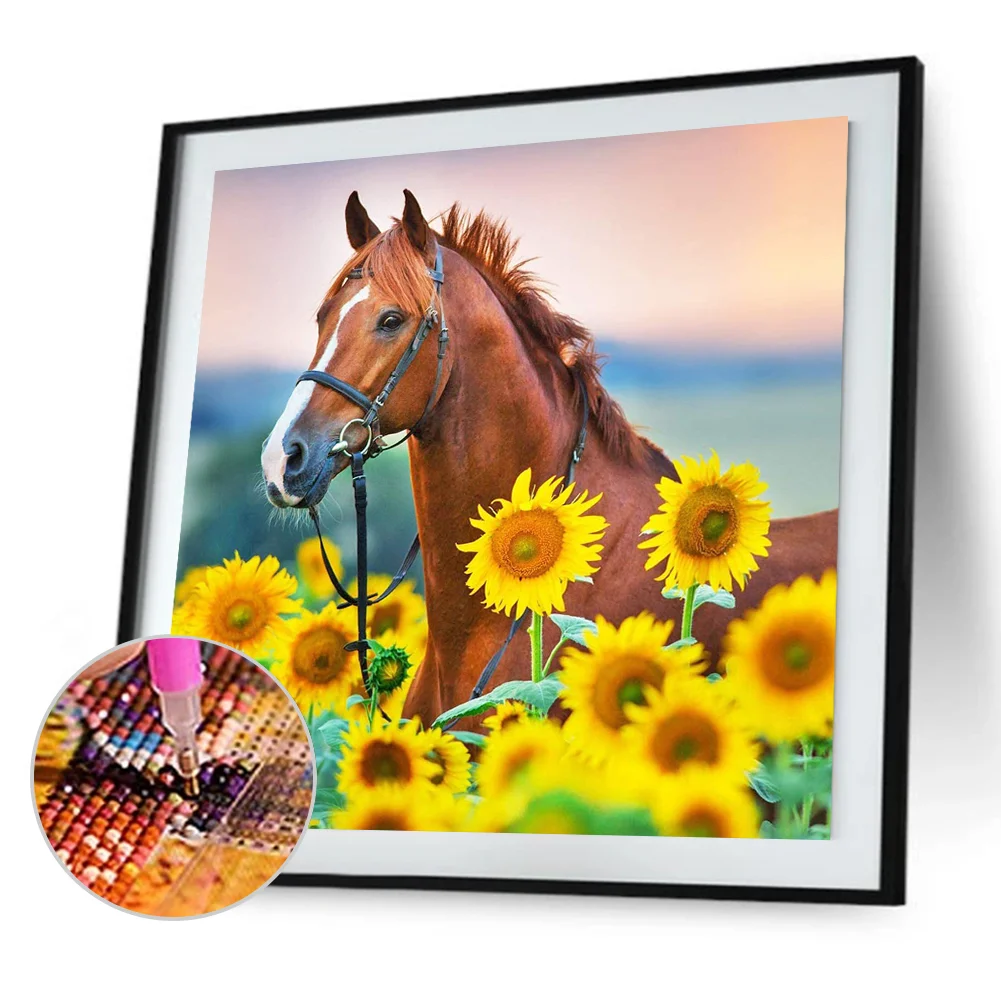Full Square Diamond Painting 35*35cm - Red Horse In Sunflower Field
