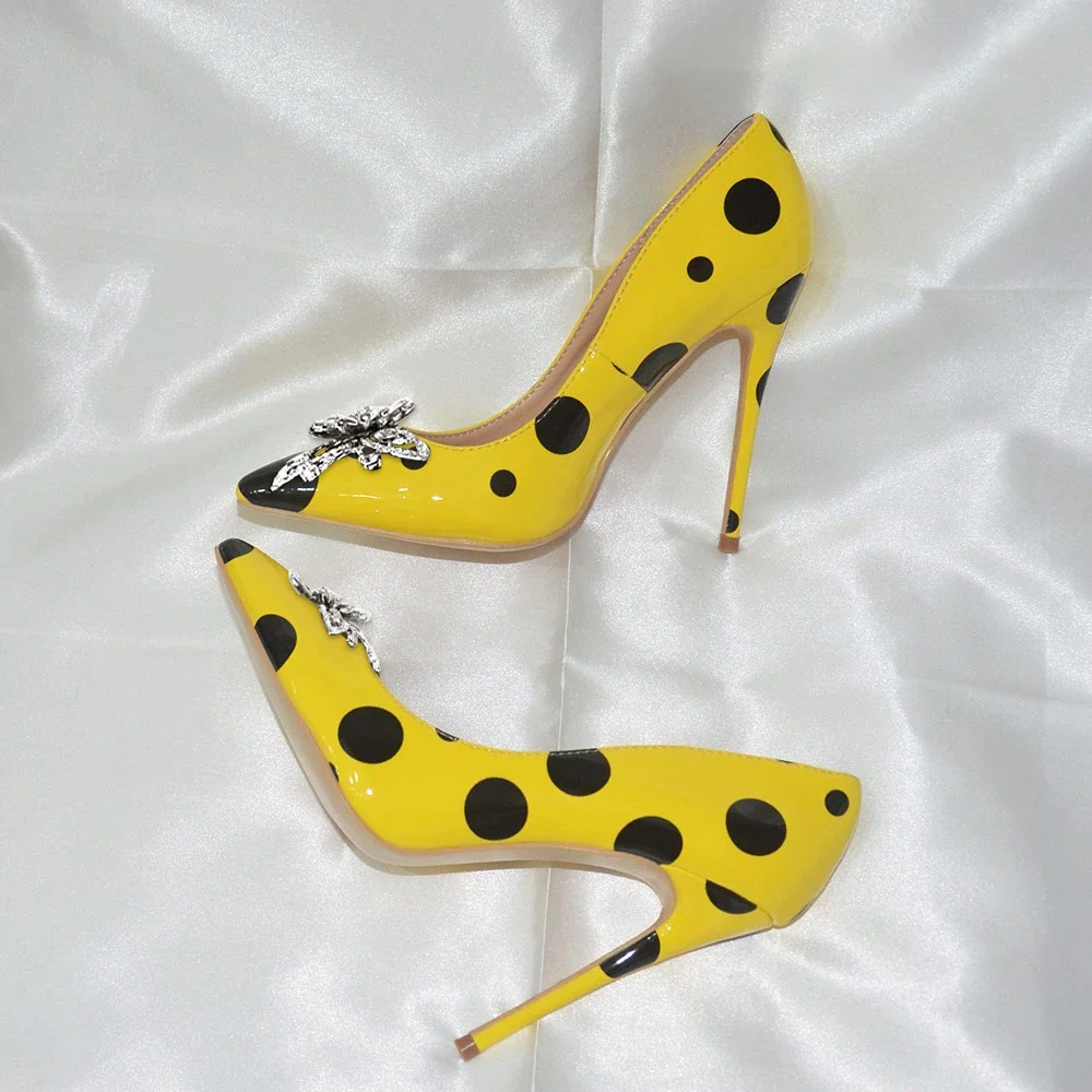 Yellow and Black Polka Dot Pumps Pointed Toe Crystal Decor Stiletto Heels Nicepairs