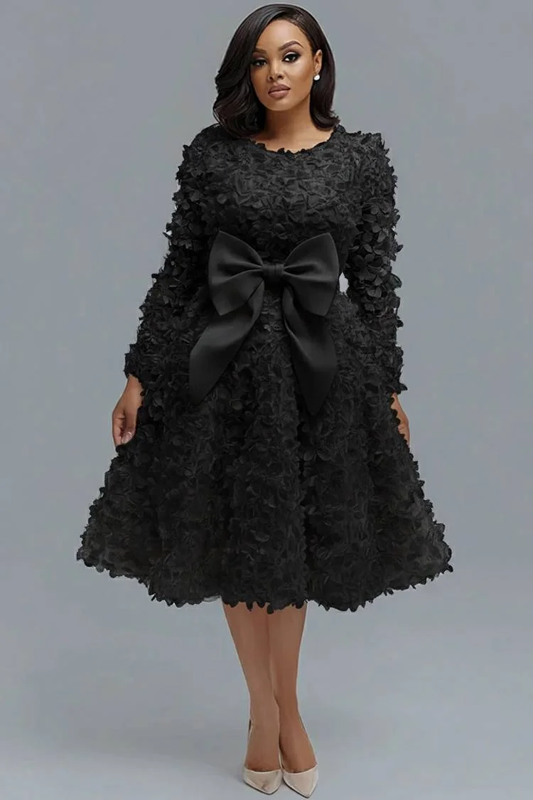 Xpluswear Design Plus Size Wedding Black Round Neck Long Sleeve Bow Tie Elegant 3D Midi Dresses