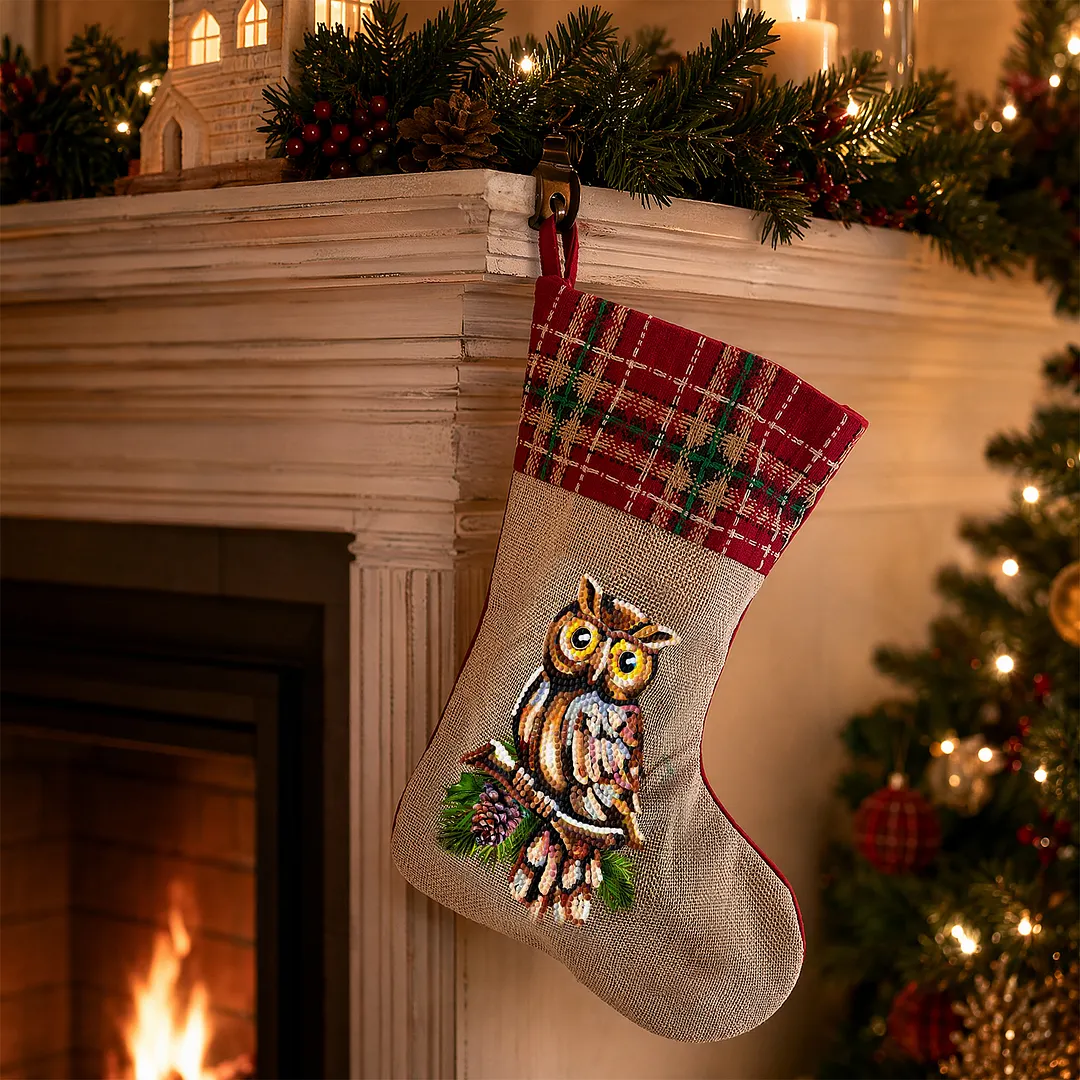 DIY Diamond Painting Christmas Stockings Hanging Ornaments Large Capacity Xmas Socks Pendant Wear Resist Candy Gift Storage Bags for Family Christmas Holiday Party Decoration (Owl)