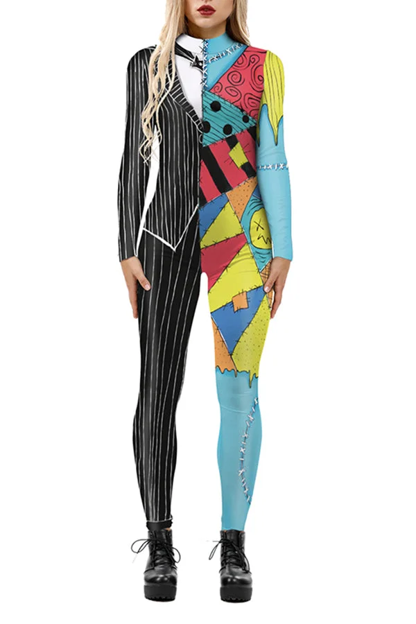Color Block Gentle And Clown Print Halloween Jumpsuit Light Blue-elleschic