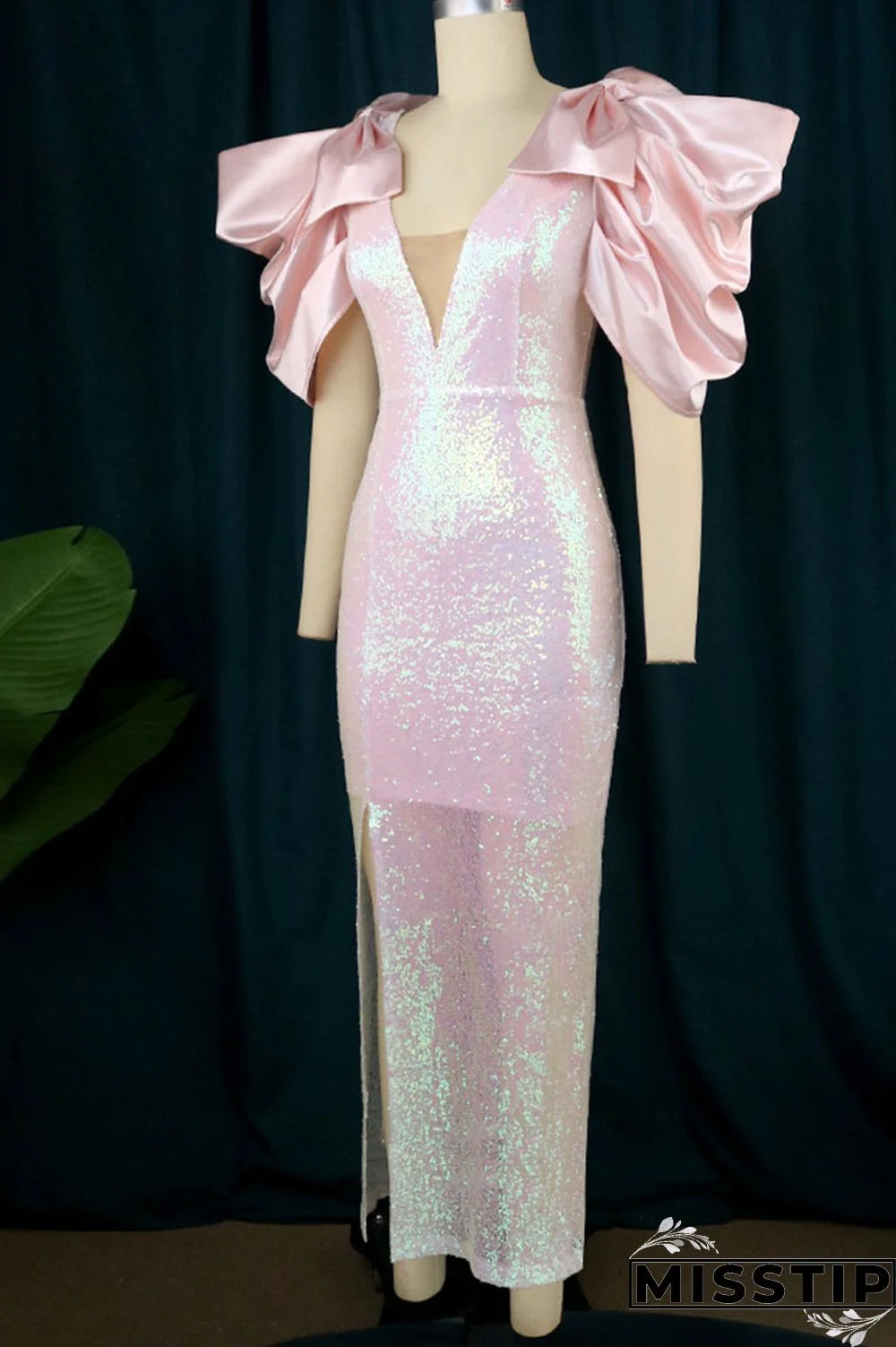 Pink Celebrities Elegant Solid Patchwork With Bow V Neck Evening Dress Dresses