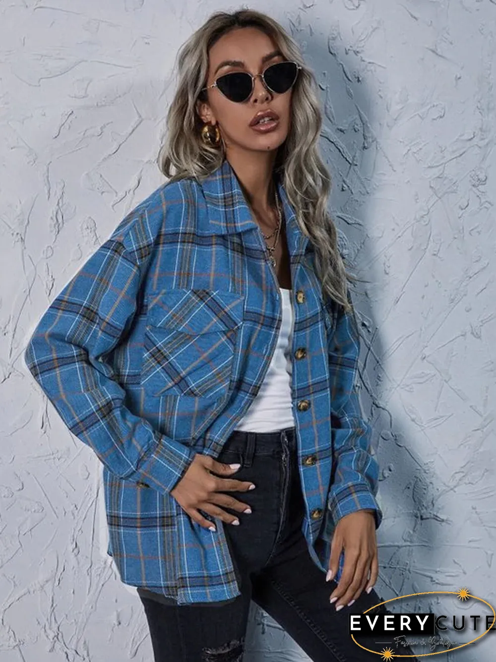 Fashion Plaid Print Button Coat Women