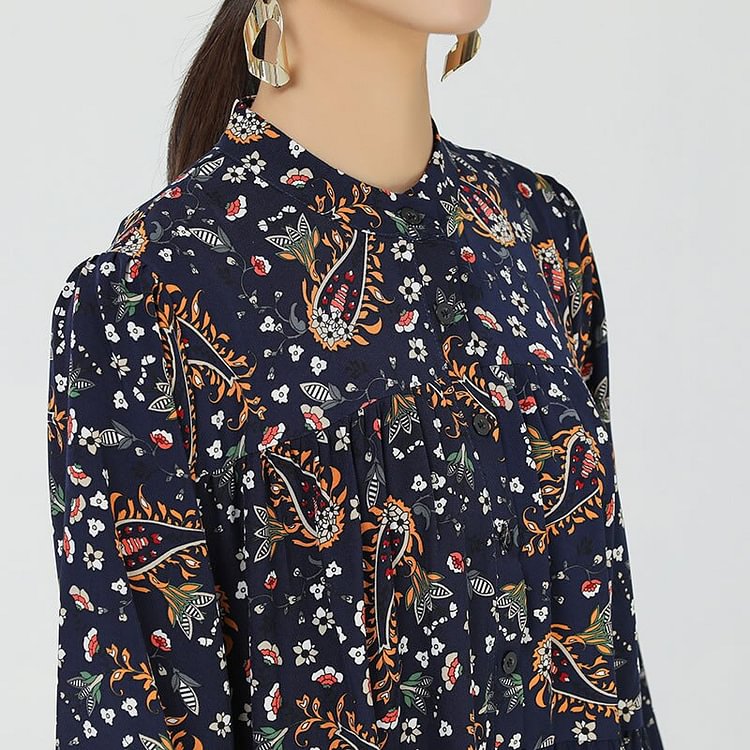 Retro Loose Half Stand Collar Cashew Flowers Printed Long Sleeve Dress  