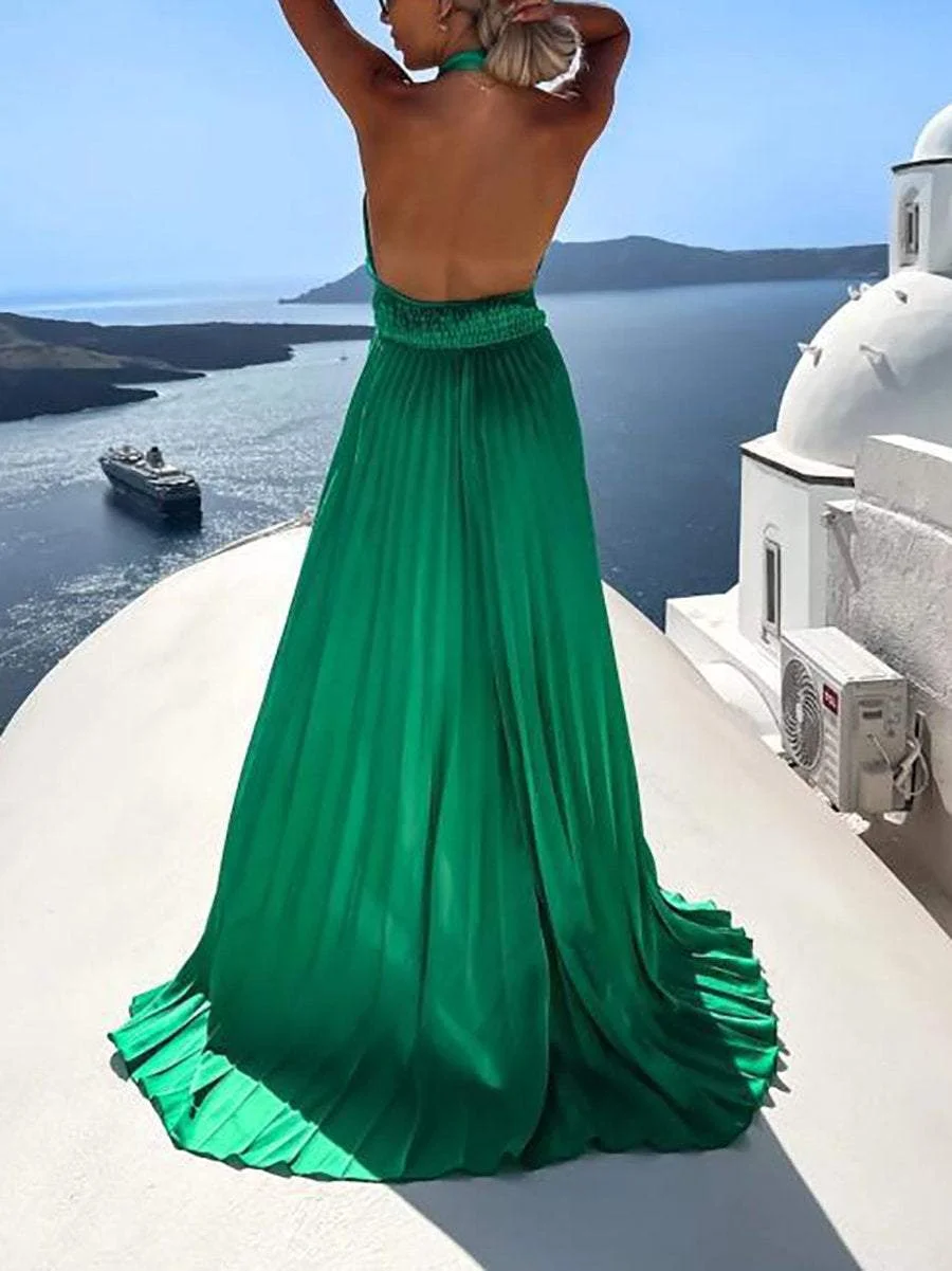 Sleeveless Cross Halter Slit Maxi Dress