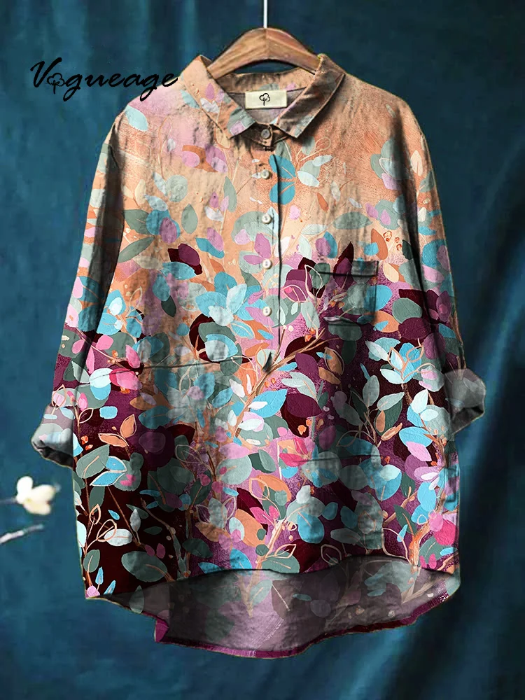 Colorful Leaf Print Casual Cotton And Linen Shirt