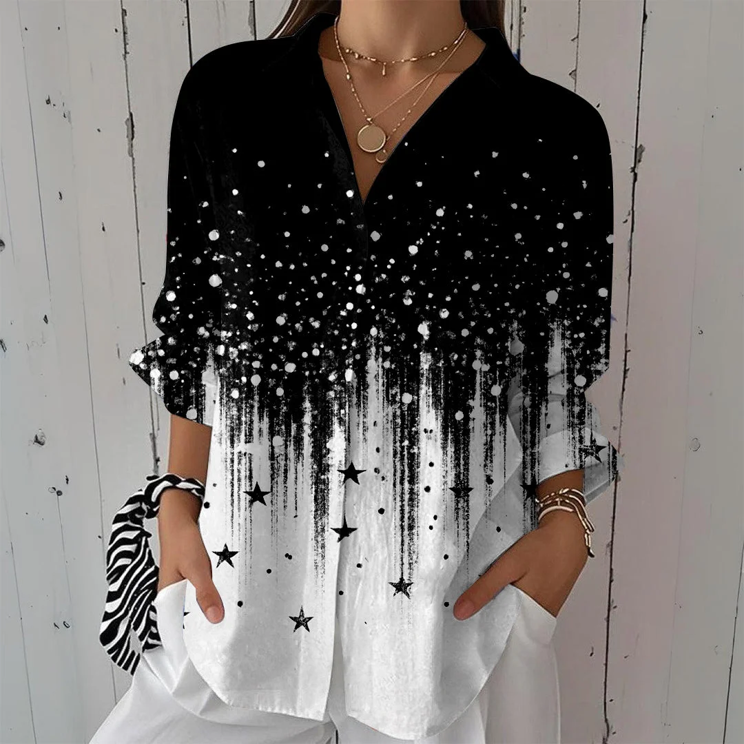 Style & Comfort for Mature Women Women Black, Gradient,Hot DZCL0066 3/4 Sleeve Shirt Collar Printed Button Tops