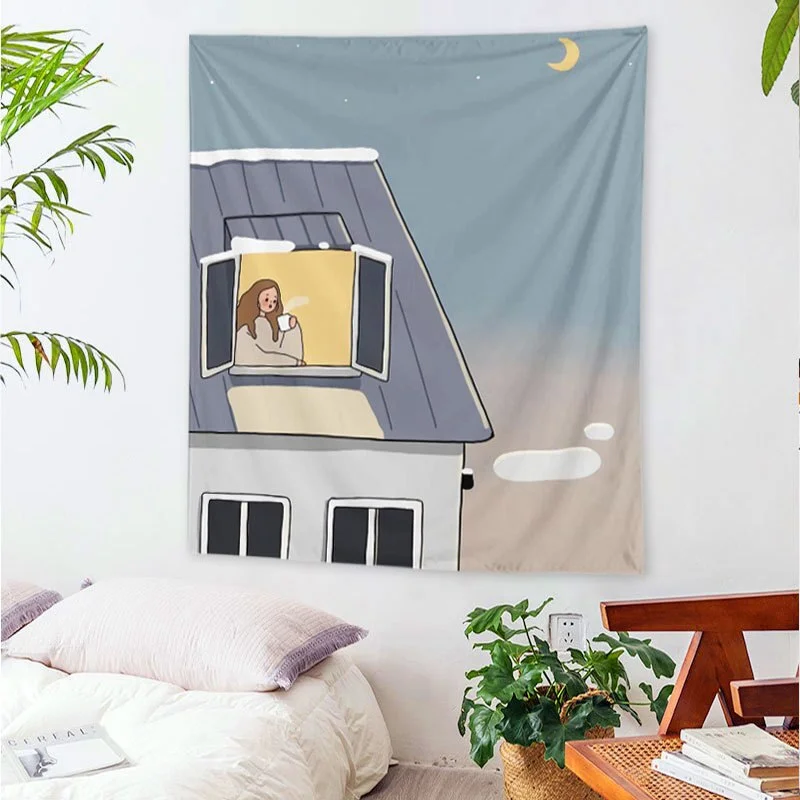 W&G Nordic Lllustration Tapestry Kawaii Hanging Cloth Wall Decoration Cute Little Girl Bedroom Renovation Background Cloth