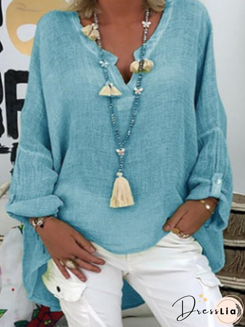 Long Sleeve Solid Color Loose V neck Blouse For Women P1674856