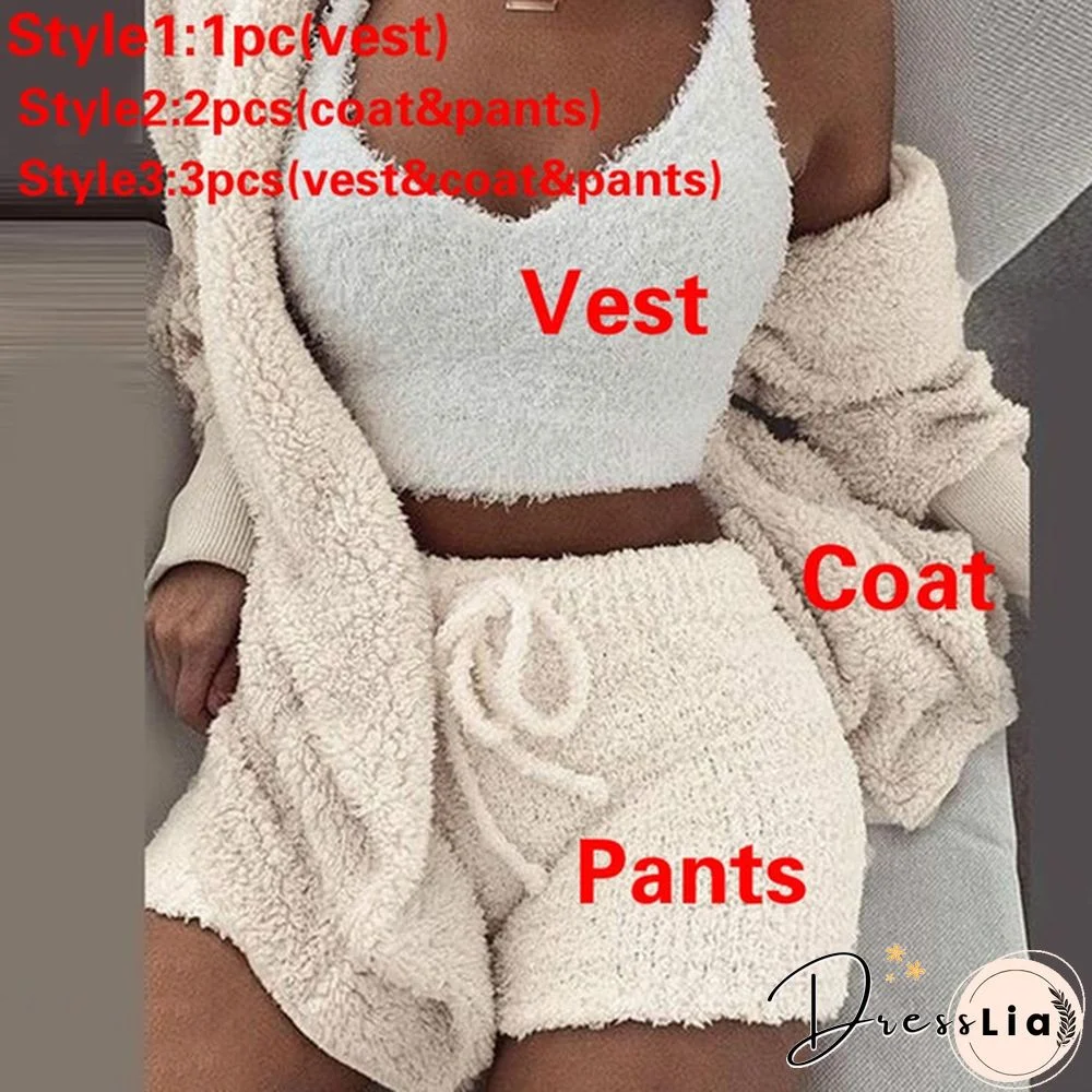 Women Fashion Winter Plush Casual Sportswear Long Sleeve Crop Top Shirt Shorts Suit(1pc Vest or 2pcs Coat+Pants or 3pcs Vest+Coat+Pants)