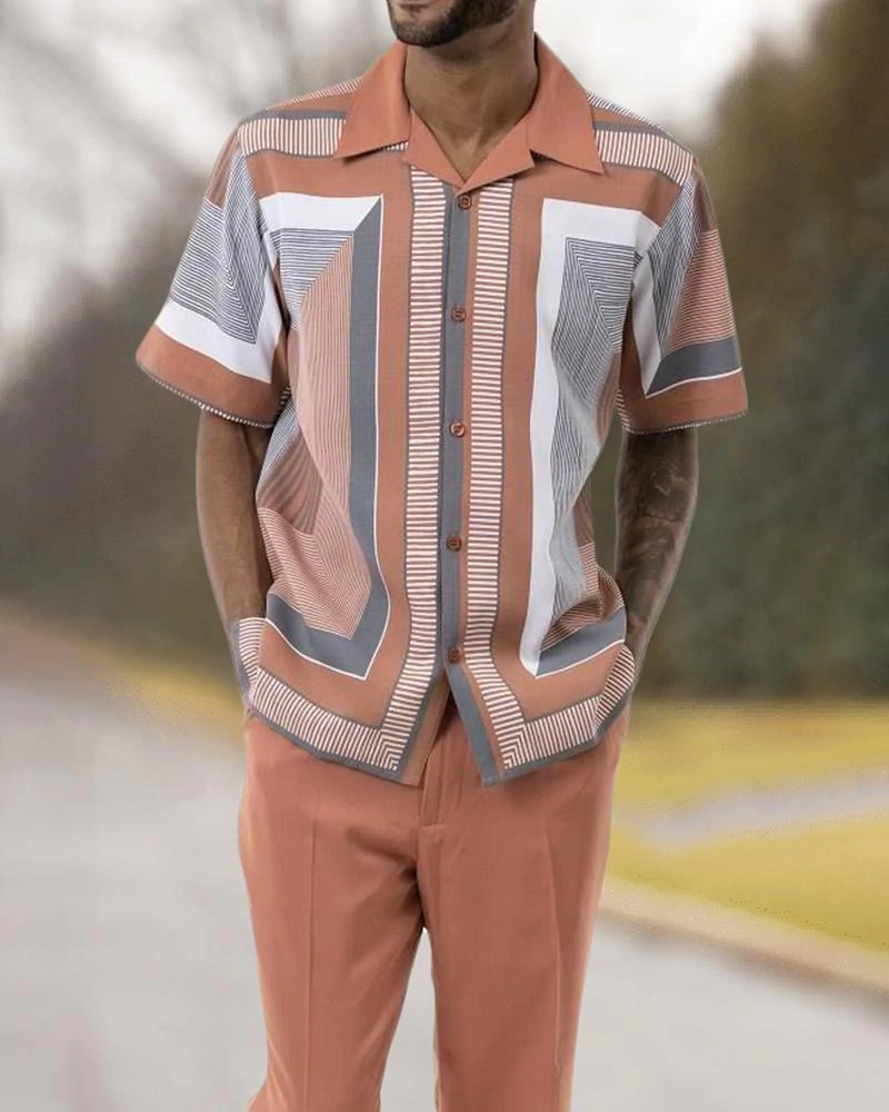 Short Sleeve Print Walking Two Piece Suit Set With Long Pants