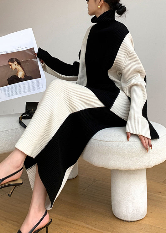 VCSHOES Loose Black Turtleneck Patchwork Tops And Skirts Knit Two Pieces Set Fall