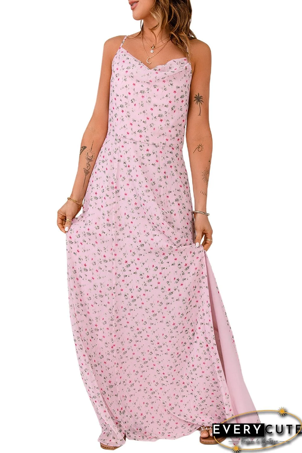 Pink Floral Print Side Slit Criss Cross Spaghetti Strap Maxi Dress