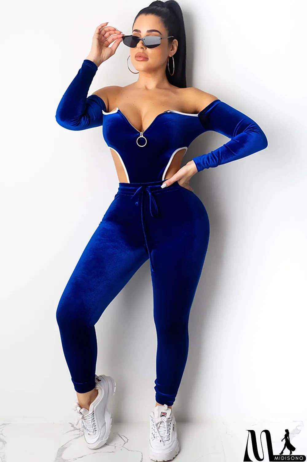 MidiSono - purple Polyester Sexy Solid Two Piece Suits pencil Long Sleeve Two-piece Pants Set