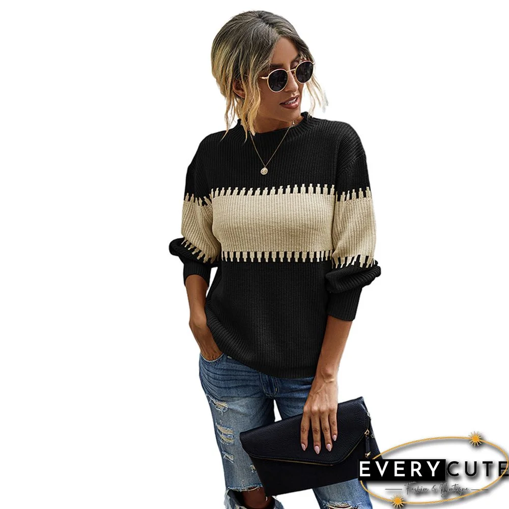 Black Color Block High Neck Woolen Sweater