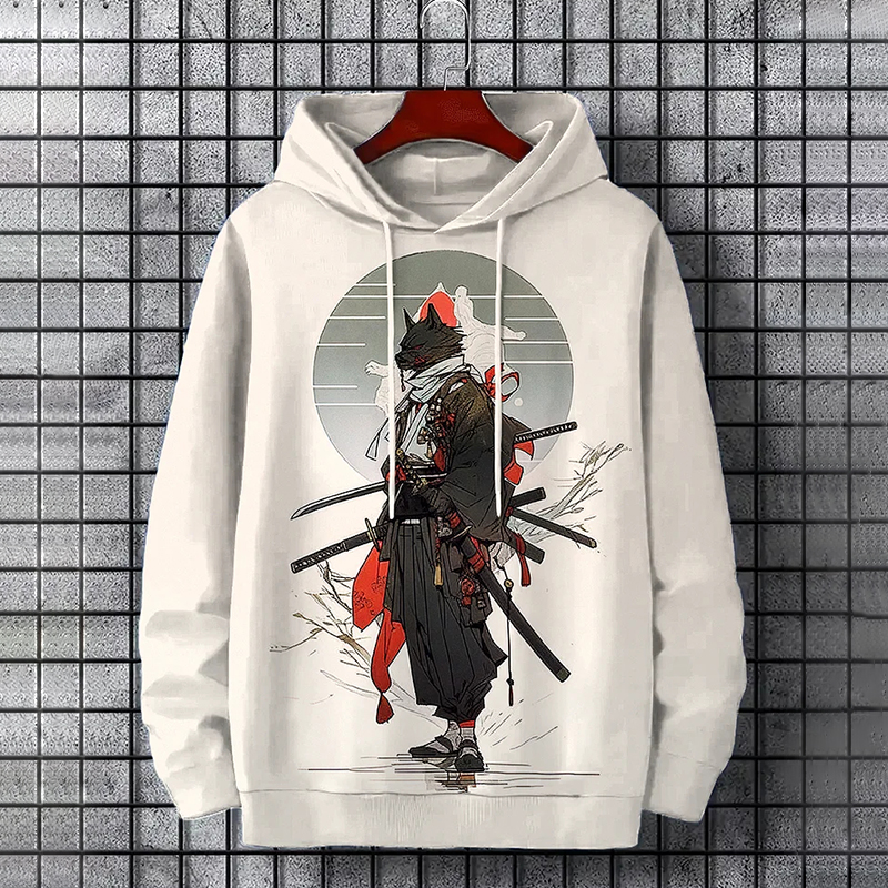 Men's Wolf Samurai Japanese Art Print Casual Hoodie