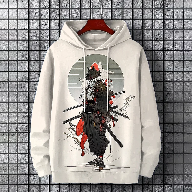 Men's Wolf Samurai Japanese Art Print Casual Hoodie