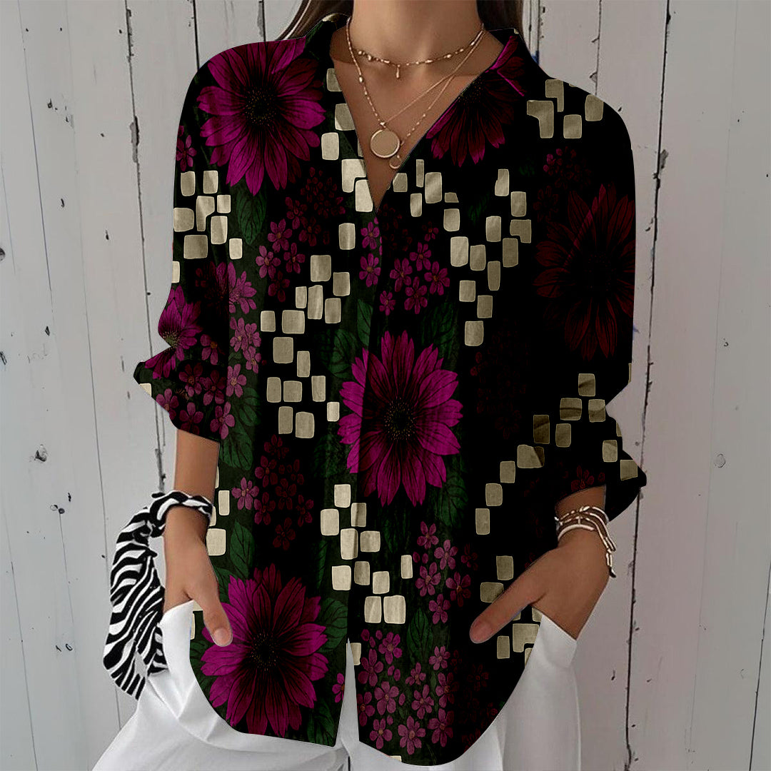 Women Long Sleeve V-neck Graphic Floral Printed Top