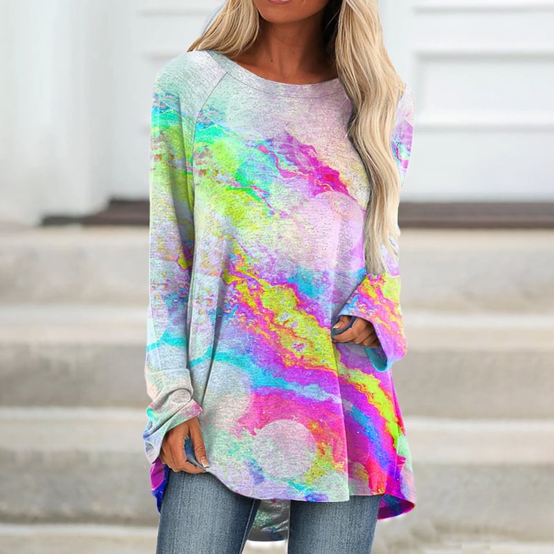 Marble Texture Tie-dye Printed Loose Long-sleeved T-shirt