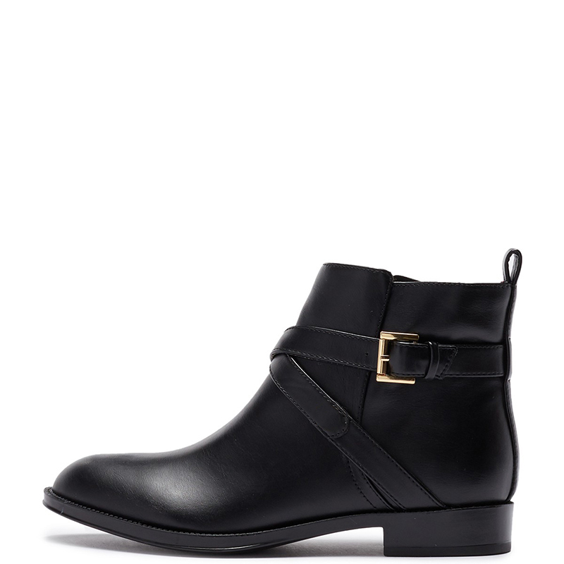 TAAFO Black Woman Ankle Boots Low Chunky Heels Round Toe Booties Zip Ladies Buckle Strap Shoes 