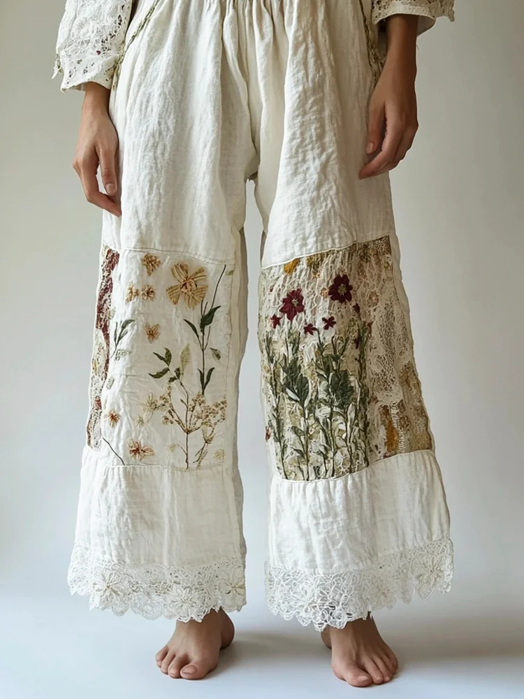 Bohemian Floral Lace Patchwork Embroidered Women's Linen Pants