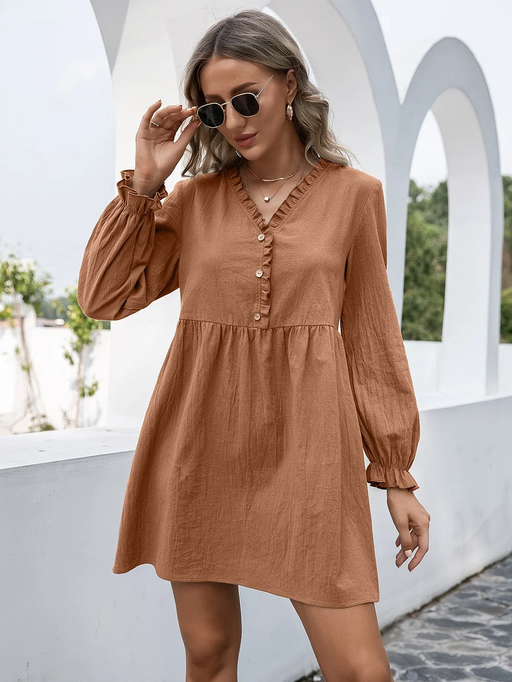 Women Vintage Front Button Ruffled A-line Dress Lantern Sleeve Deep V neck Solid High Street Mini Dress 2021 Autumn New Dress