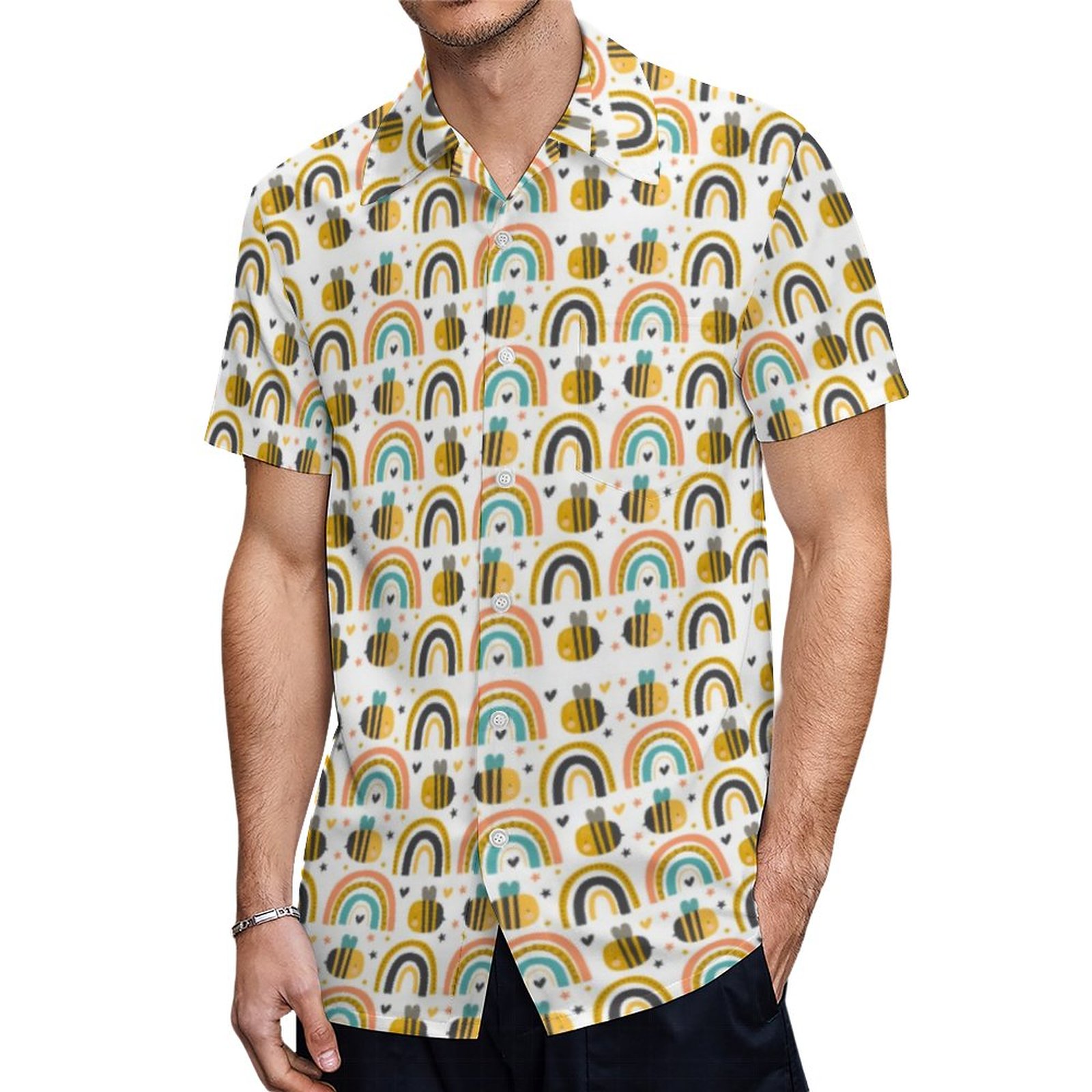 Cute Bumble Bee And Rainbows Pattern Hawaiian Shirt Mens Button Down Plus Size Tropical Hawaii Beach Shirts