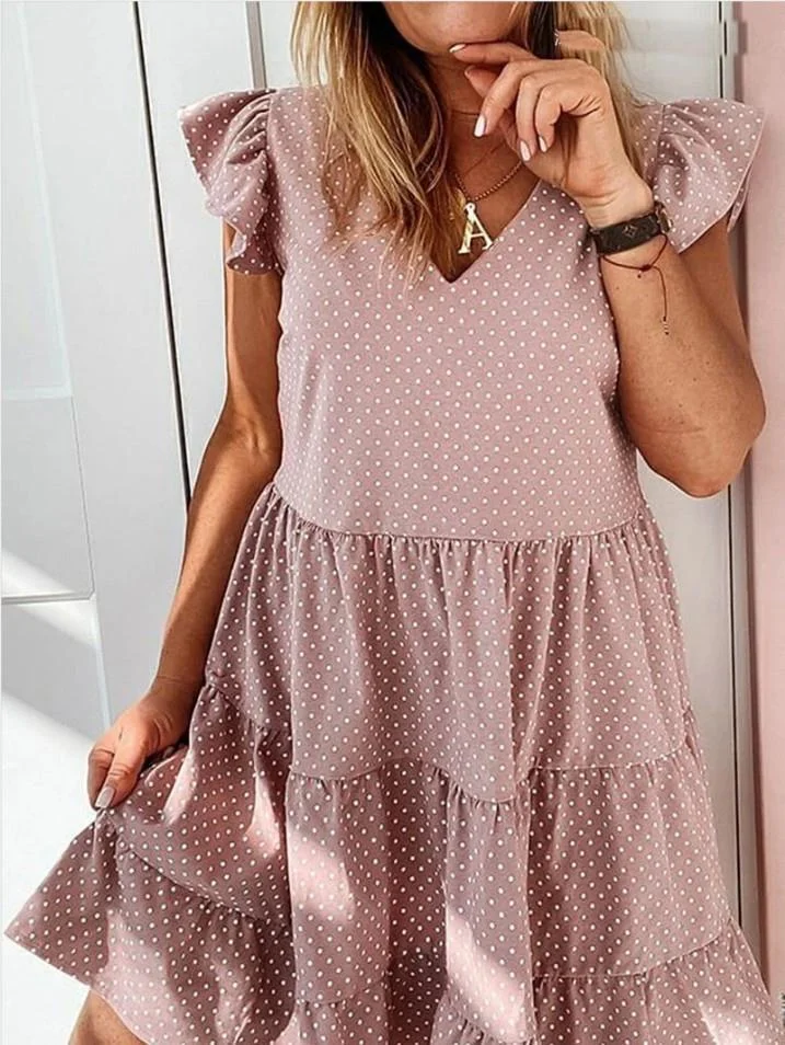 Women's Short Sleeve V-neck Polka Dots Printed Ruffle Dress