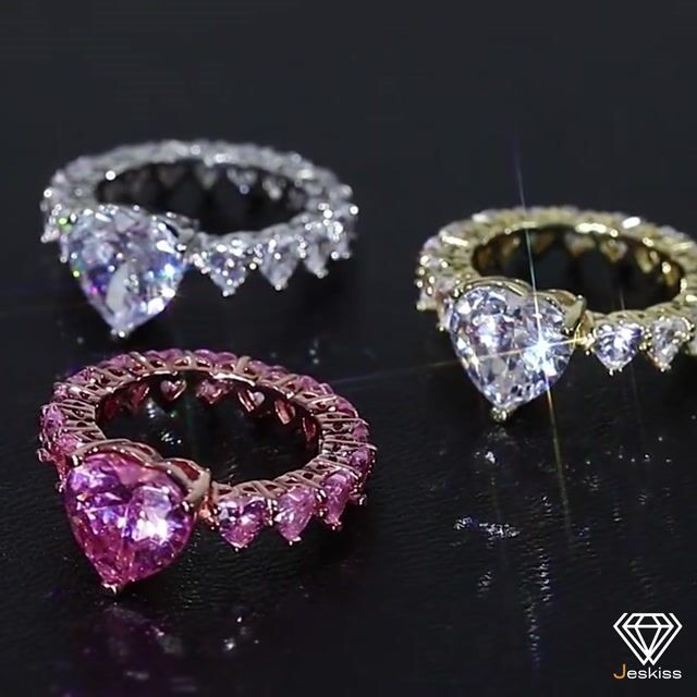 Iced Out Shiny Heart Silver/Pink Cubic Zirconia Rings