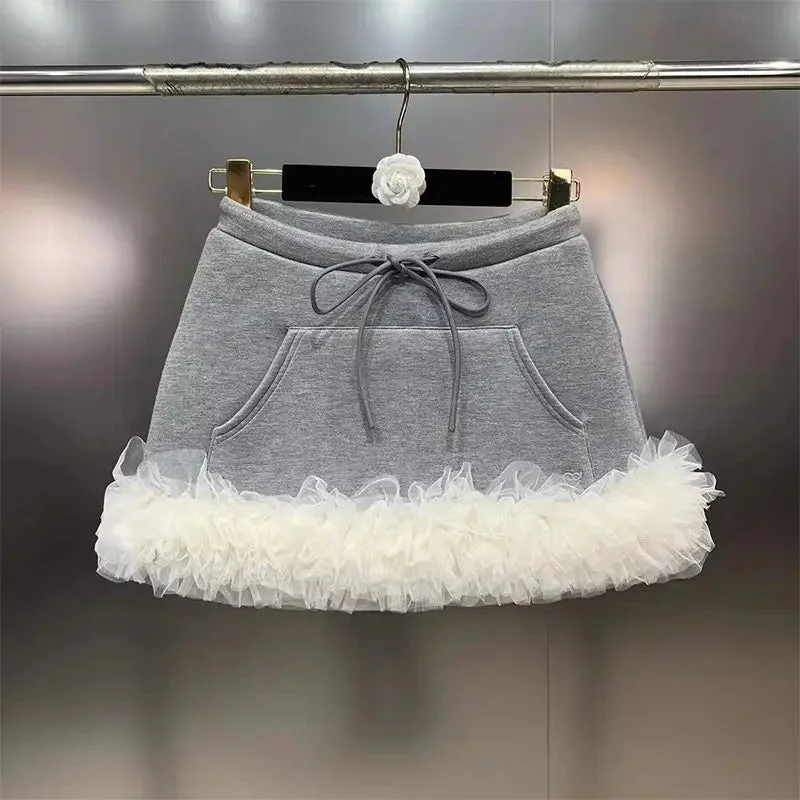 Toloer Grey Drawstring Frill Tulle Trim Mini Skirt-Outfit Ideas