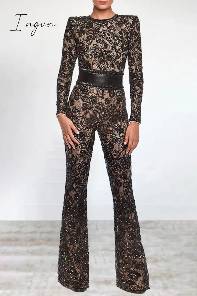 Celebrities Elegant Solid Lace Patchwork With Belt O Neck Regular Jumpsuits Black / S &