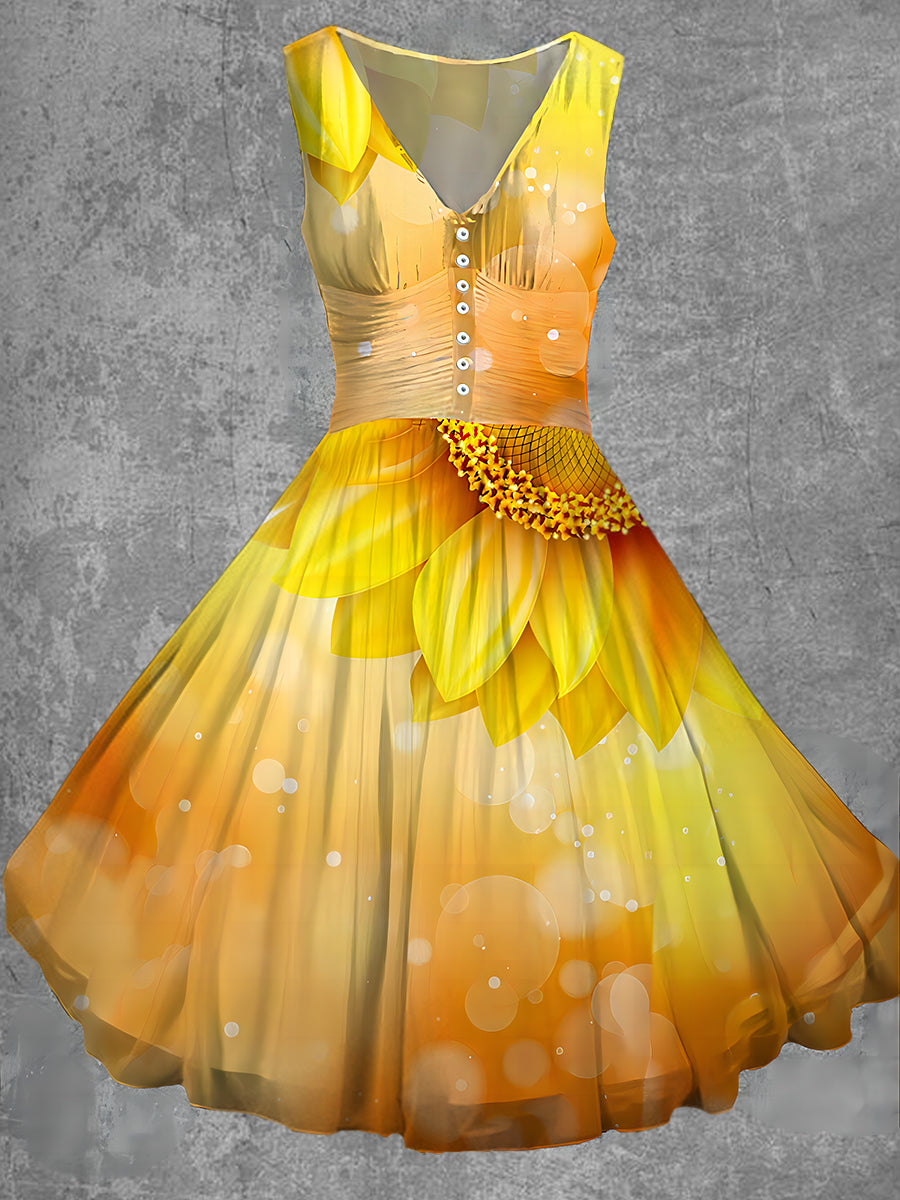 Sunflower Print Sleeveless V-Neck Button Up Retro Midi Dress