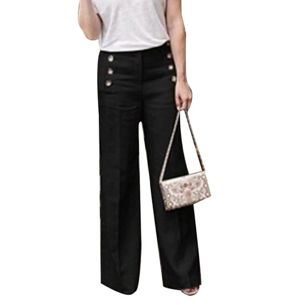 Solid Color Buttons High Waist Wide Leg Pants Women Cotton Linen Long Trousers