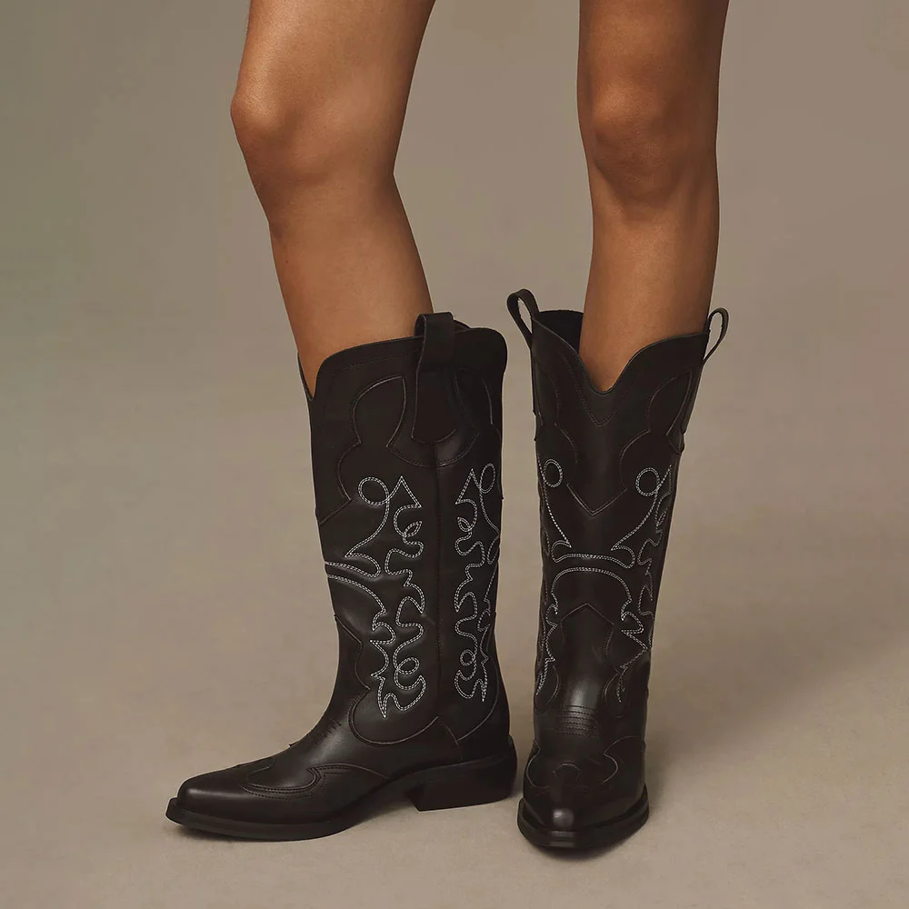 Black Embroidered Snip Toe Mid-Calf Cowgirl Boots with Block Heel