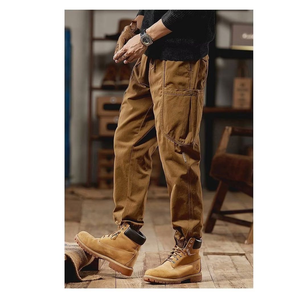 Collectvip New Spring and Autumn Fashion Splicing American Retro Tie Feet Workwear Pants Loose and Versatile Handsome Men's Casual Pants