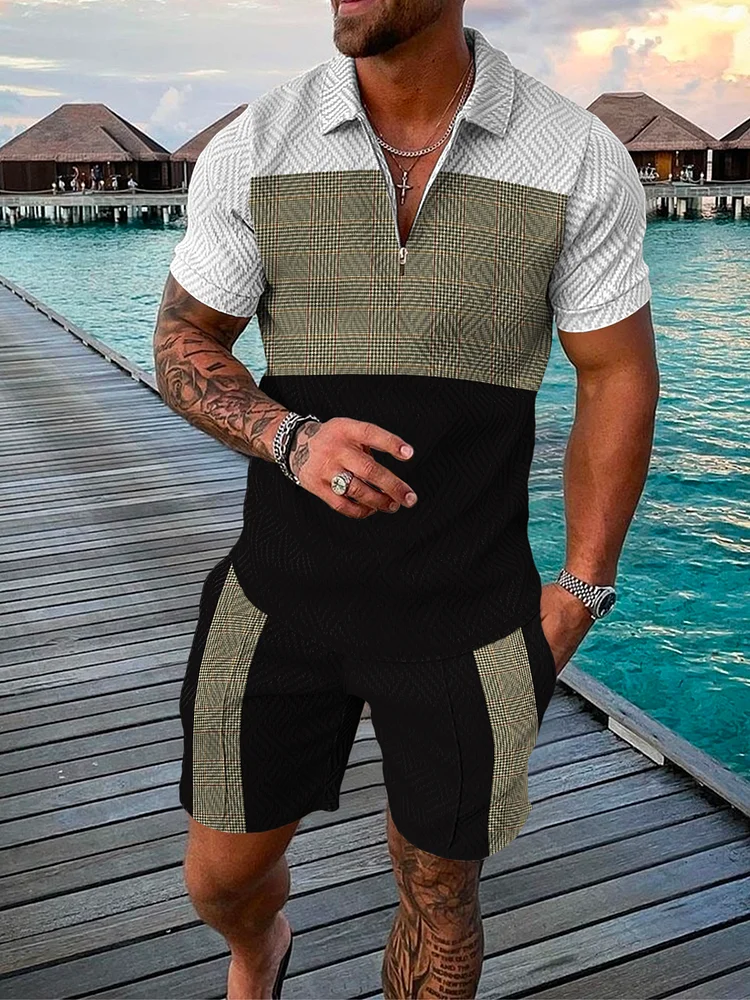 Men's Black Plaid Printed Short-Sleeved Polo Suit