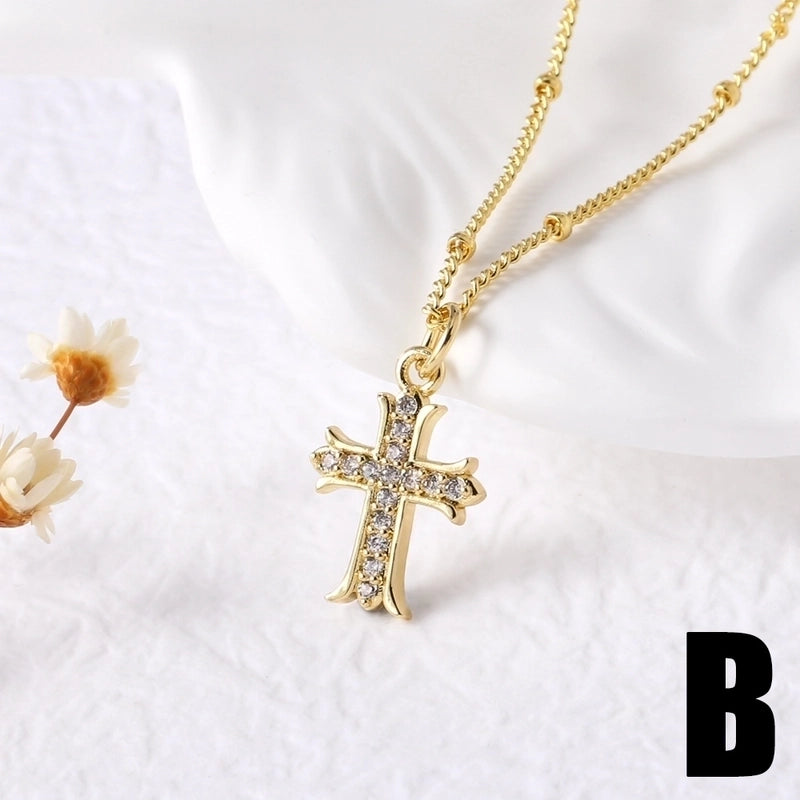 201 Stainless Steel Copper Cable Chain 18K Gold Plated Plating Cross Zircon Pendant Necklace