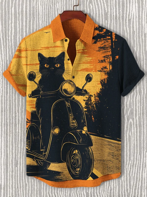 Men's Black Cat Travels on Vespa Print Short Sleeve Shirt